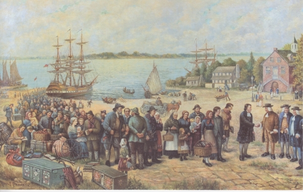 Obraz olejny ''Przyjazd Szwenckfeldystów na statku St. Andrew do Filadelfii w Pensylwanii 22 września 1734r. Autor: Adolf Pannash. Obraz ukończono 1 maja 1934r.